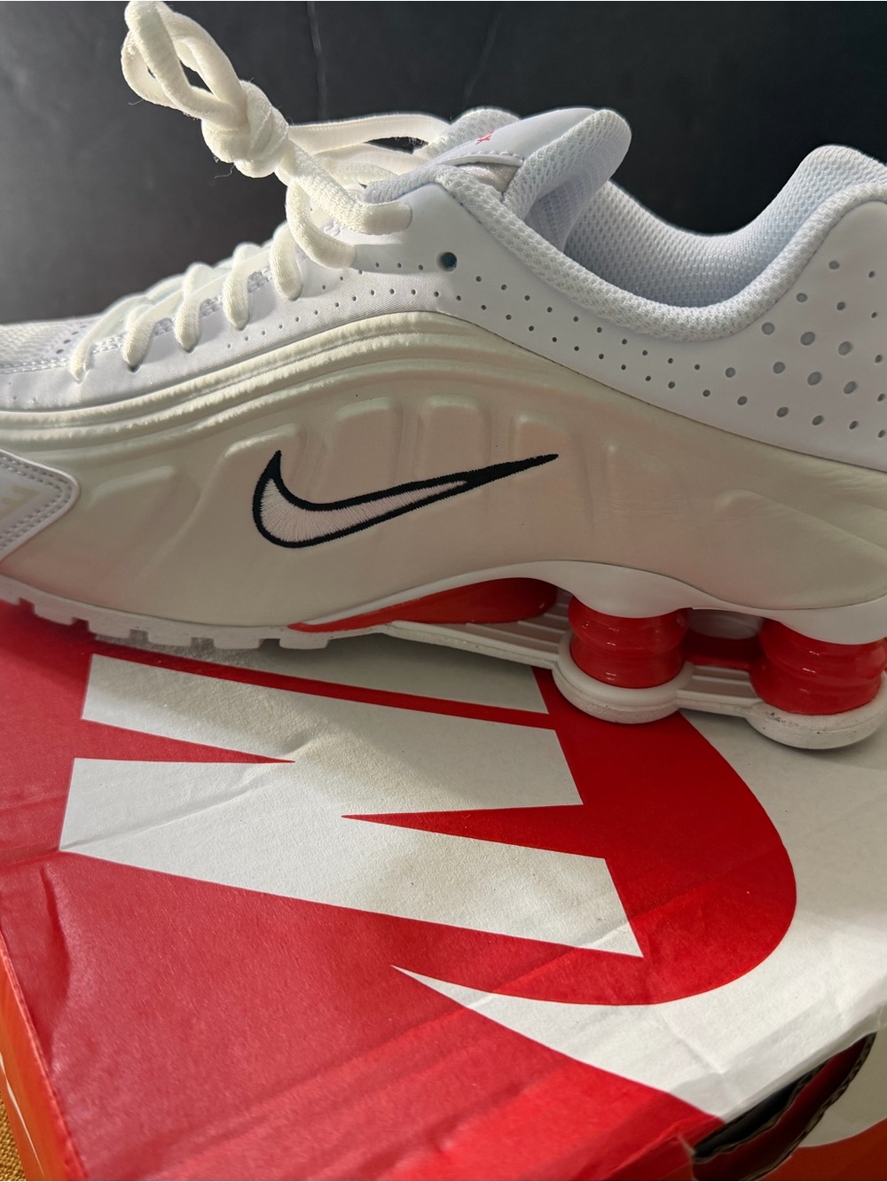 Nike White Sneakers with Black Swoosh and Red Shox